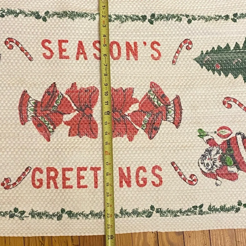 Vintage Christmas Seasons Greetings Santa Tree Bells Woven Rag Rug Holiday Decor
